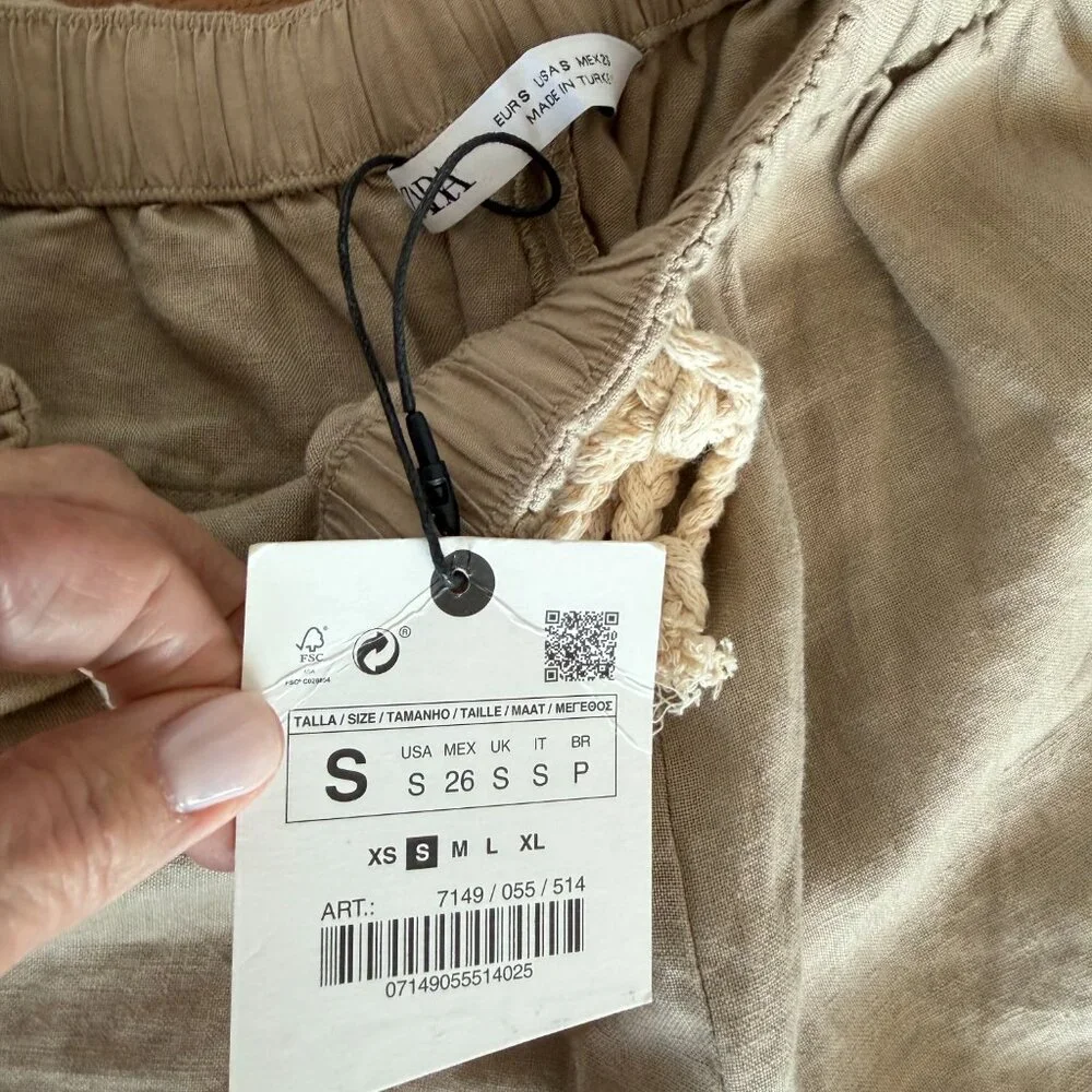 NWT Zara Drawstring, Elastic Waist Beige Linen Women's Small Neutral Khaki